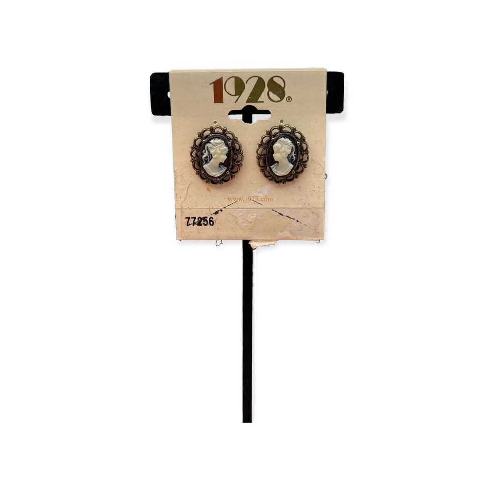 1928 Cameo Blue Cream Bronze Stud Earrings